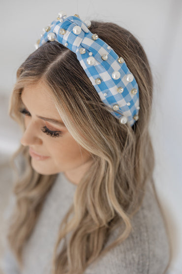 Gingham Headband with hand sewn Embellishments